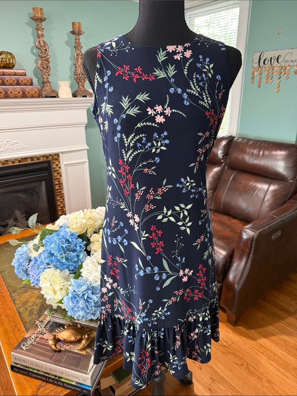 Tommy Hilfiger Navy Floral Sleeveless Ruffle-Hem Mini Dress